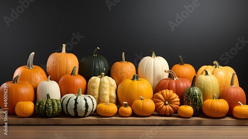 Pumpkin variations for Thanksgiving with an autumnal look. Small and large pumpkins such as Hakkaido and Butternut against a light background. - Generative AI