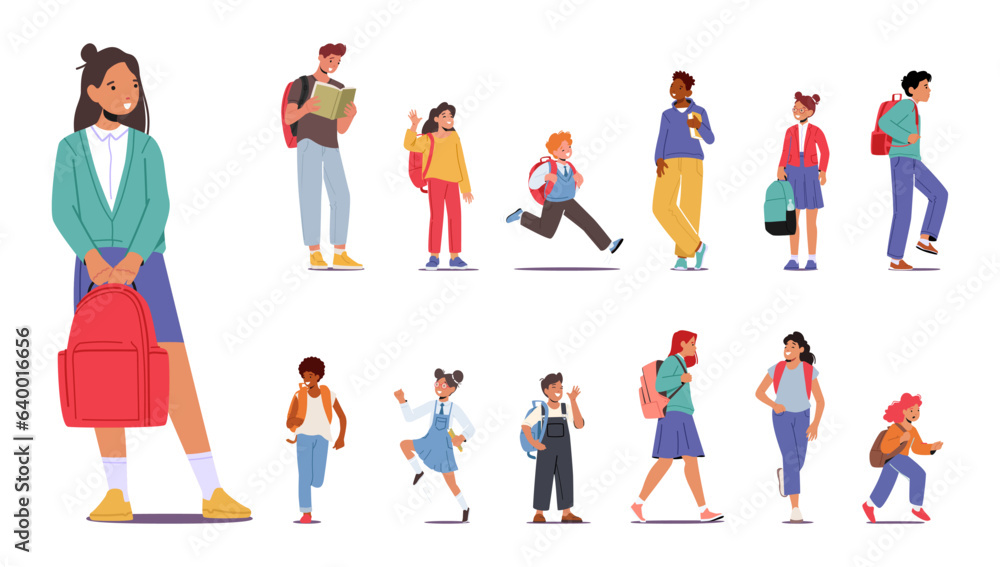 Set Of Eager Student Characters With Backpacks Slung Over Shoulders, Bustling Through Halls, Ready To Learn And Explore