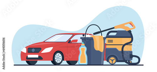 Car wash concept with bucket, car shampoos and high pressure machine. Cleaning automobile, carwash equipment and detergent. Vehicle service, auto center station. Cartoon flat vector illustration