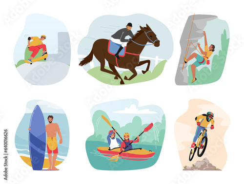 Set Of Male And Female Characters Engage In Extreme Vacation. Men And Women Ride On Skateboard Or Racing Horse