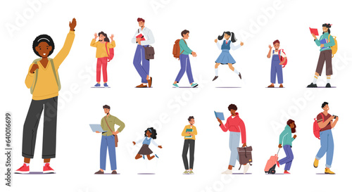 Set Students With Backpacks Hustle Between Classes, Carrying Books And Supplies, Characters With Rucksacks
