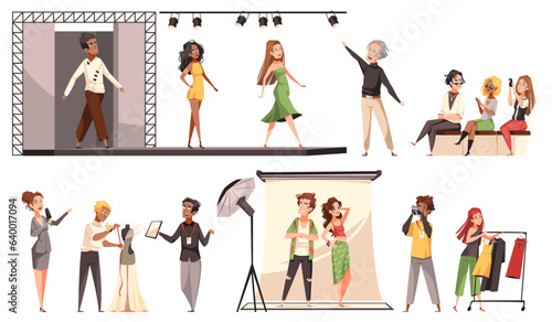 Clothes design and fashion show. Cartoon models defile catwalk, viewers appreciate new collection, designer creates dress, photographer shoots for glamorous magazine, tidy vector isolated set