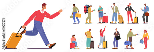 Set of Traveler Characters Hurrying With Suitcases, Navigating Busy Airports And Stations. Expressing Sense Of Movement