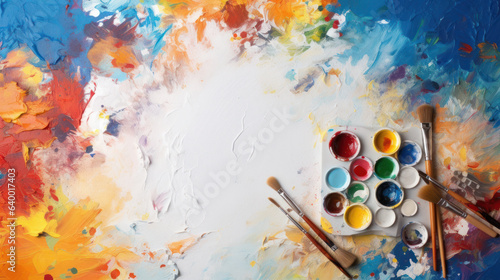 Open jars with colorful paint and transparent clean brush on a white wooden background