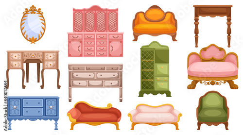Elegant Vintage Furniture Set, Featuring Intricate Woodwork And Timeless Design. Bureau, Dresser, Sofa, Armchairs