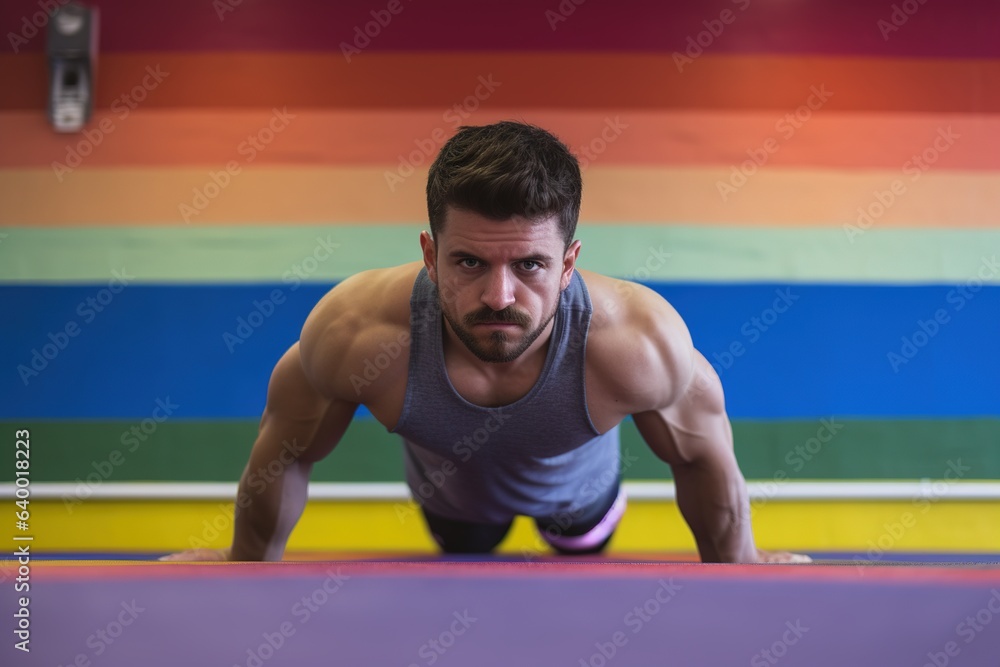 Athlete doing push-ups has a flag on his back Athlete doing push-ups has a flag on his back