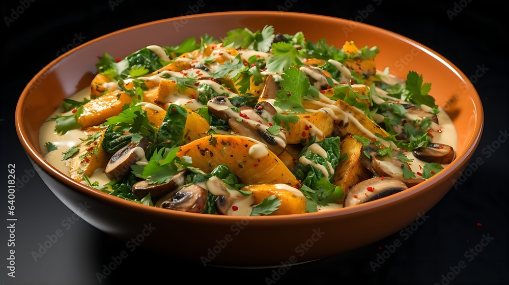 Delicious vegetarian pumpkin curry in a bowl. Healthy, gluten-free and vegan in different variations. - Generative AI