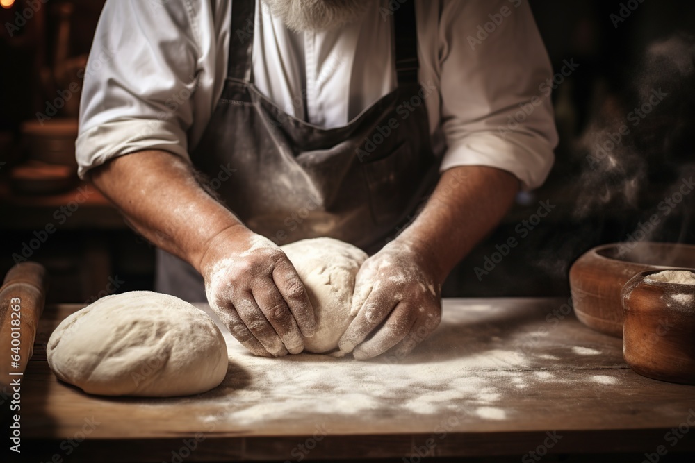 old baker kneading and baking bread in a bakery