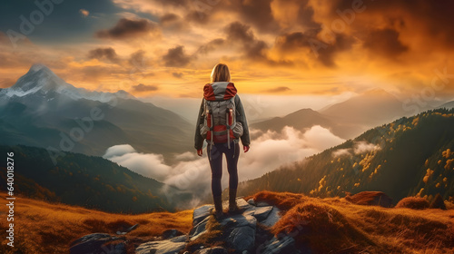 Captivating Tranquility: A Solo Female Hiker Embracing the Breathtaking Sunset View in the Great Outdoors, generative ai © Marc