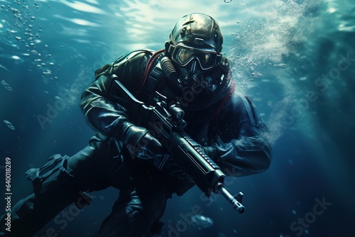 A soldier in the underwater navy. A soldier with a gun underwater. Underwater commando © Firat