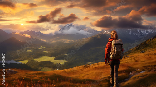 Captivating Tranquility: A Solo Female Hiker Embracing the Breathtaking Sunset View in the Great Outdoors, generative ai