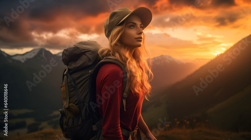 Captivating Tranquility  A Solo Female Hiker Embracing the Breathtaking Sunset View in the Great Outdoors  generative ai