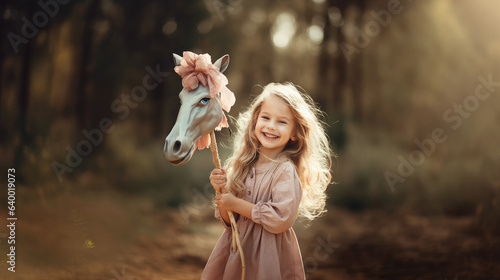 Generative AI, cute little girl holding a horse on a stick, hobbyhorsing, wooden toy for a child, sports for children, foal, horse racing, play the game, childhood, early development photo