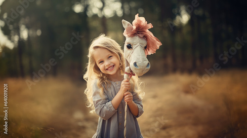 Generative AI, cute little girl holding a horse on a stick, hobbyhorsing, wooden toy for a child, sports for children, foal, horse racing, play the game, childhood, early development