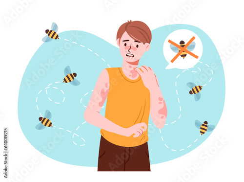 Man with allergy in bee concept. Young guy with insects. Disease and illness. Character with red spots at hands after bites of bumblebees. Poster or banner. Cartoon flat vector illustration