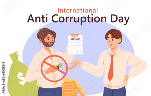 Anti corruption day concept. International holiday 9 december. Fighting bribes and breaking law. Political campaign and criminal prevention, society protection. Cartoon flat vector illustration