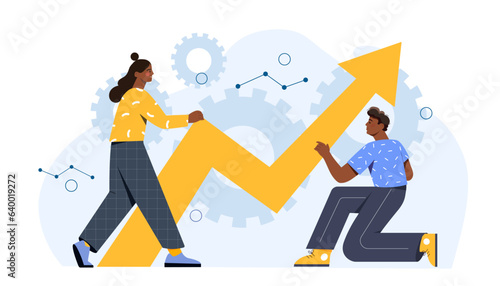 People with arrow concept. Man and woman carrying growing graph and chart. Statistics and infographics. Trading and investment. Teamwork and partnership. Cartoon flat vector illustration