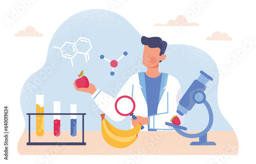 Man with biotechnology concept. Young guy in medical uniform with fruits and microscope in lab. Character with banana and strawberry with magnifying glass. Cartoon flat vector illustration