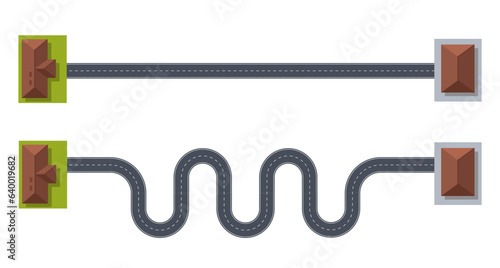 Concept of short, straight path and long way, winding path. Top view on city road. Curve and zigzag speedway, map and journey route. Two ways to same goal. Vector cartoon flat illustration