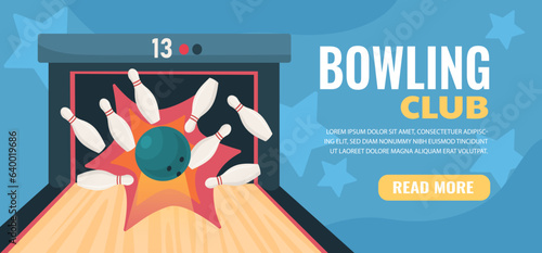 Bowling club advertising poster. Skittles and ball at wooden road. Active lifestyle and sports. Entertainment and fun, leisure. Template, layout and mock up. Cartoon flat vector illustration