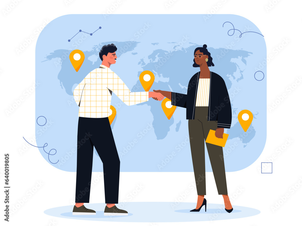 Business partnership concept. Man and woman shake hands next to world map. Logistics and international communication, globalization. Collaboration and cooperation. Cartoon flat vector illustration Business partnership concept. Man and woman shake hands next to world map. Logistics and international communication, globalization. Collaboration and cooperation. Cartoon flat vector illustration