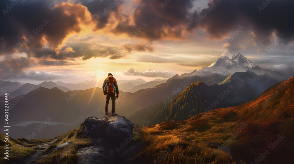 Mountains Embracing Sunset: A Hiker's Backview Amidst Snowy Peaks, generative ai Mountains Embracing Sunset: A Hiker's Backview Amidst Snowy Peaks, generative ai