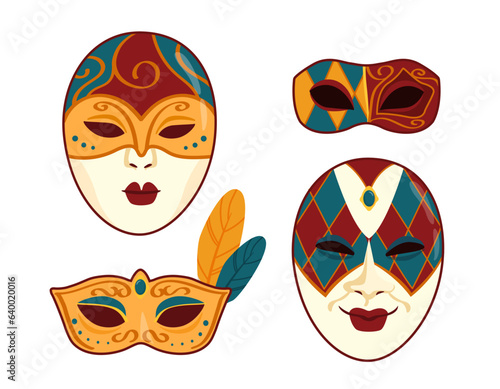 Set of carnaval masks. Costumes elements for masquerade. Party and event, dance. Entertainment and fun. TEmplate and mock up. Cartoon flat vector collection isolated on white background