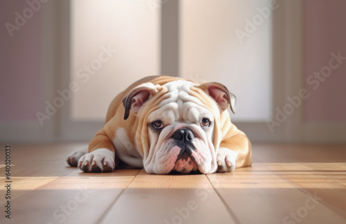 Sad bulldog lying on floor in cozy home © MR.SOVA