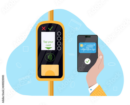 Cashless transaction concept. Hand with banking card on smartphone. Electronic commerce and digital money. Payment and transfer in bus and urban transport. Cartoon flat vector illustration