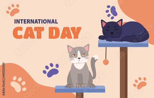 International cat day banner. Cute kittens at scratching post. Holiday, event and festival. Playful domestic animals and pets. Kindness and charity. Cartoon flat vector illustration