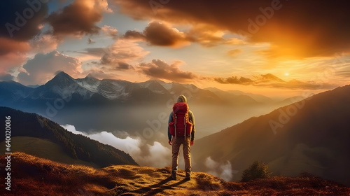 Mountains Embracing Sunset: A Hiker's Backview Amidst Snowy Peaks, generative ai 