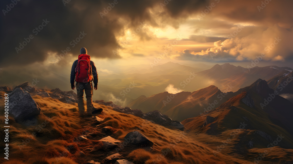 Mountain Retreat: Sunset's Warm Embrace Over Snowy Peaks Seen from Hiker's Back, generative ai