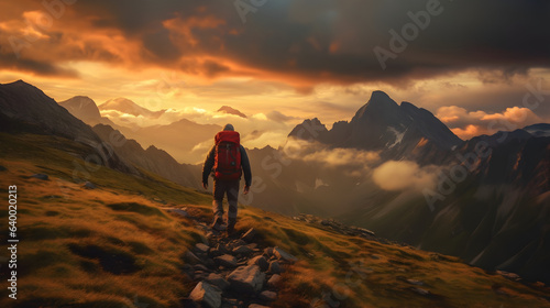 Mountain Retreat: Sunset's Warm Embrace Over Snowy Peaks Seen from Hiker's Back, generative ai © Marc
