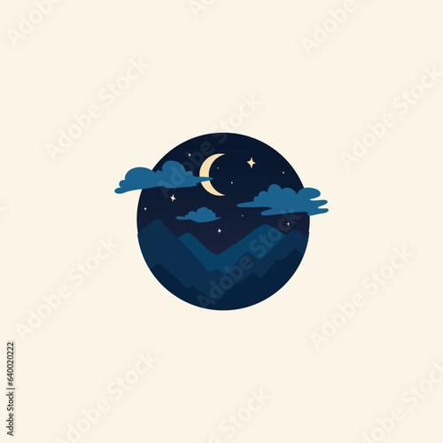 night sky with moon and mountains illustration