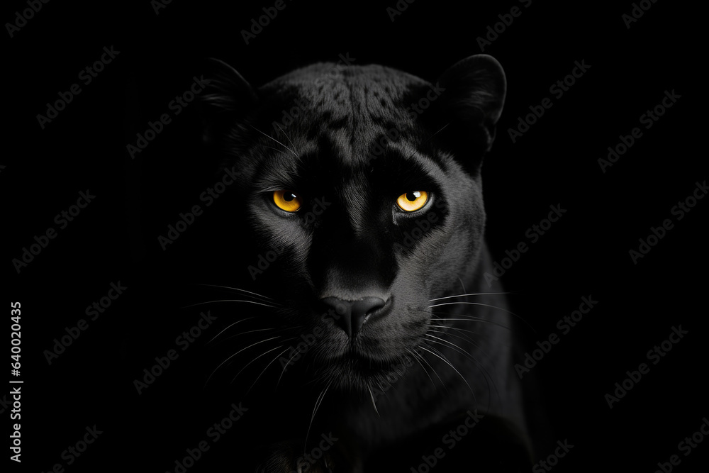 a black panther with bright yellow eyes on a black background
