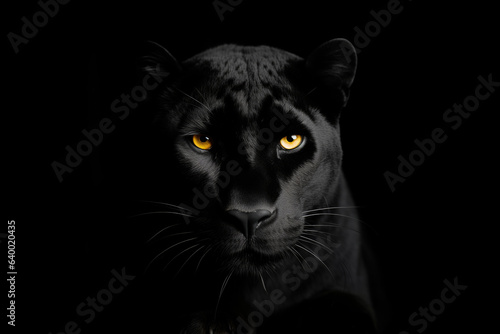 a black panther with bright yellow eyes on a black background photo