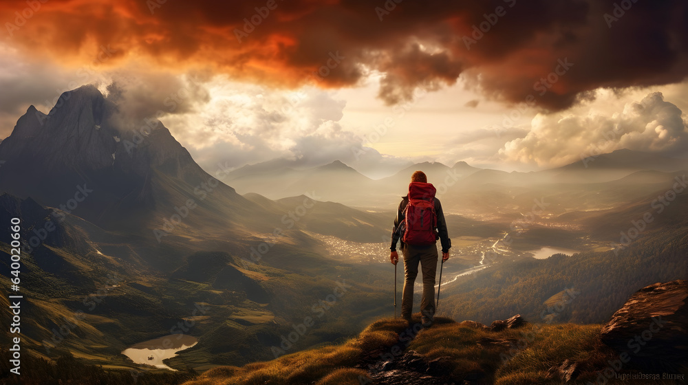Alpine Reflections: Hiker's Silhouette Amidst Sunset and Snowy Mountain Tops Alpine Reflections: Hiker's Silhouette Amidst Sunset and Snowy Mountain Tops