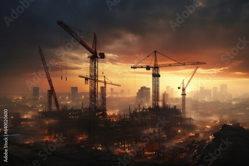 Construction site with cranes and buildings at sunset