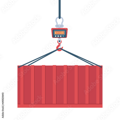 Electronic scales for weighing large items are suspended from container weighing crane. warehouse equipment for measurement, delivery storage cartoon flat style isolated vector concept