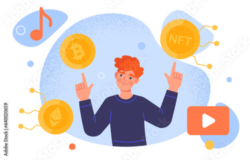 Man with digital world NFT concept. Blockchain technology and cryptocurrency. Young guy buy music and videos online. Investing and trading, economy. Cartoon flat vector illustration