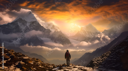 Tranquil Summit: Sunset Gaze from Hiker's Perspective on Snow-Adorned Peaks, generative ai 
