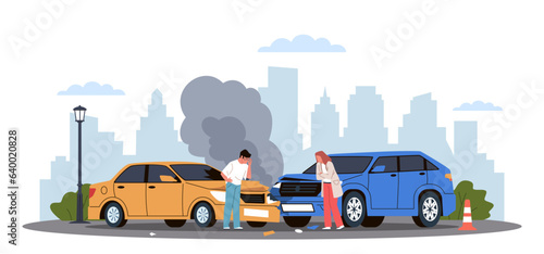 Head on cars collision. Vehicles accident, affected people, injured passengers and drivers, traffic rules violation, man and woman cartoon flat isolated illustration. Nowaday vector concept