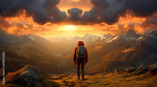 Alpine Reflections  Hiker s Backview Amidst Sunset and Snowy Mountain Tops  generative ai 
