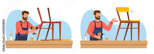 Male craftsman making chair, beginning of assembly and finished result. Hobby and leisure time. Professional carpenter, handyman makes furniture cartoon flat isolated vector concept