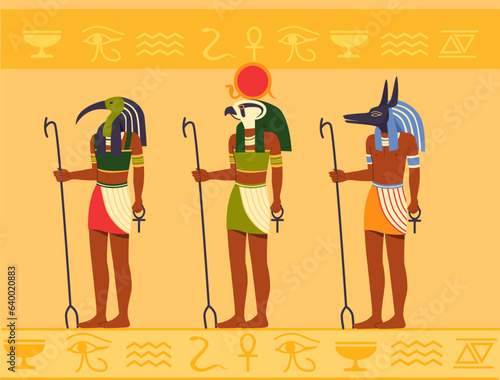 Egyptian gods set. Abstract silhouettes, people with animals heads. Traditional african characters. Mythology and culture. Cartoon flat vector collection isolated on yellow background