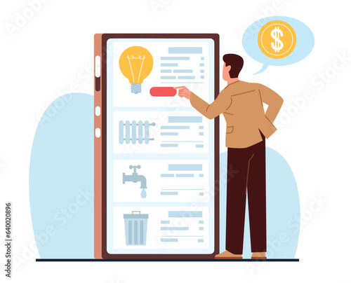 Man checks and pays his utility bills online using his phone. Payment for electricity, water and heating in internet application. Man and huge smartphone. Cartoon flat isolated vector concept