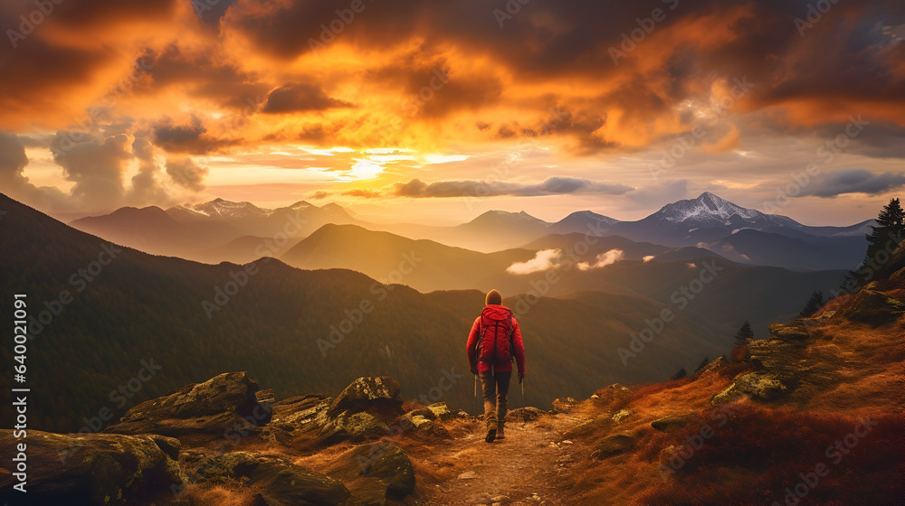 Summit Serenity: Hiker's Backview Amidst Sunset's Glow and Snowy Peaks, generative ai Summit Serenity: Hiker's Backview Amidst Sunset's Glow and Snowy Peaks, generative ai
