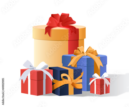 Gift boxes for birthday concept. Present and surprise for annual holiday and festival. Template, layout and mock up. Cartoon isometric vector illustration isolated on white background