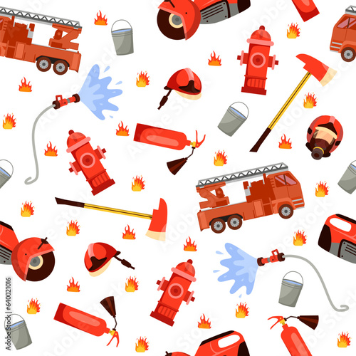 Seamless pattern with elements of firefighting red equipment. Fire truck with ladder, hydrant and hose. Decor textile, wrapping paper, wallpaper design. Print for fabric. Vector concept
