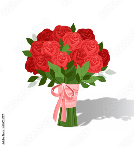 Bouquet of flowers for birthday concept. Red flowers with pink ribbon. Sticker for social networks and messengers. Cartoon isometric vector illustration isolated on white background